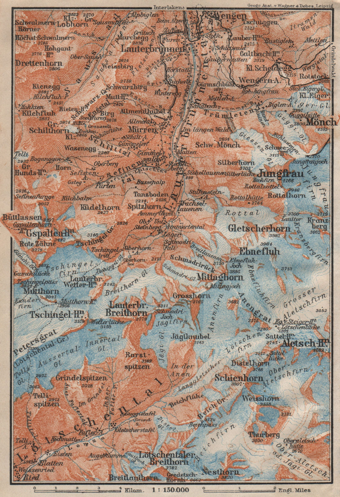 UPPER LAUTERBRUNNEN VALLEY/WALL. Mürren Grosshorn Breithorn Jungfrau 1922 map